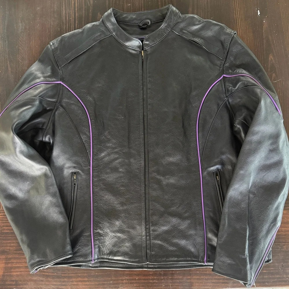 Women's Black Leather Motorcycle Jacket with Purple Embroidered Phoenix